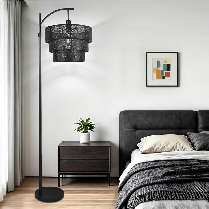 AHDWDW Arc Floor Lamp for Living Room Bedroom,Mid-Century Modern Floor Lamps with Remote,Black Dimmable Standing Tall Lamp for Corner Office,3-Tier Drum Metal Lampshade with Forest Tree Design