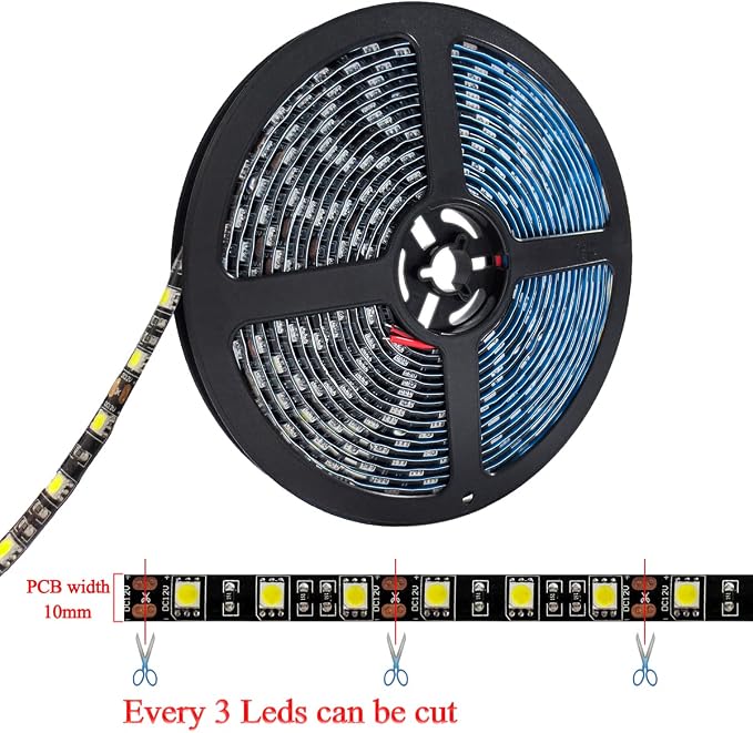 12V LED Strip Light White 6000K 16.4ft LED Light Strip Black PCB SMD 5050 IP65 Waterproof 300 LEDs Tape Rope Lights for Bedroom, Kitchen Decoration