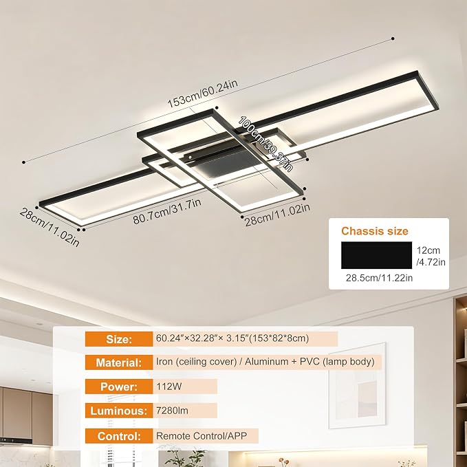 GEADI 60.2" Extra Large Modern LED Ceiling Light, Dimmable Chandelier | 112W Black Geometric Flush Mount Ceiling Lamp with Remote, 3000K-6500K Dimming, Memory, Chandelier for Living Room