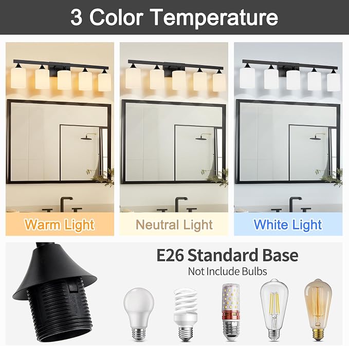 ZHU YAN 5-Light Bathroom Light Fixtures,Black Vanity Light Fixture Over Mirror,Milky White Glass Shades Wall Sconces Modern Bathroom Wall Lamp for Mirror Living Room Bedroom E26 Socket