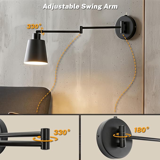 OSYNNIQ Wall Sconce Light with Adjustable Swing Arm for Bedside Reading | Wall Lamp, Modern, Industrial, Lighting Fixture, Black, Hardwired, for Bedroom/Living Room/Indoor, LED E26 Bulb Included