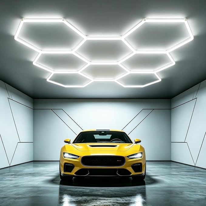 Bevenus Hexagon LED Garage Light, 6500K Super Bright Honeycomb Ceiling Light, Easy Install DIY Hex Lights for Workshop Basement Barbershop Home Gym Car Detailing Shop (8 Grids)