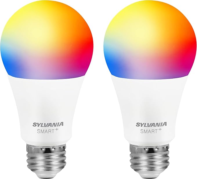 Sylvania Smart+ Bluetooth Mesh 60W Equivalent A19 LED Light Bulb, Full Color and Dimmable White, Compatible with Alexa, 2 Pack