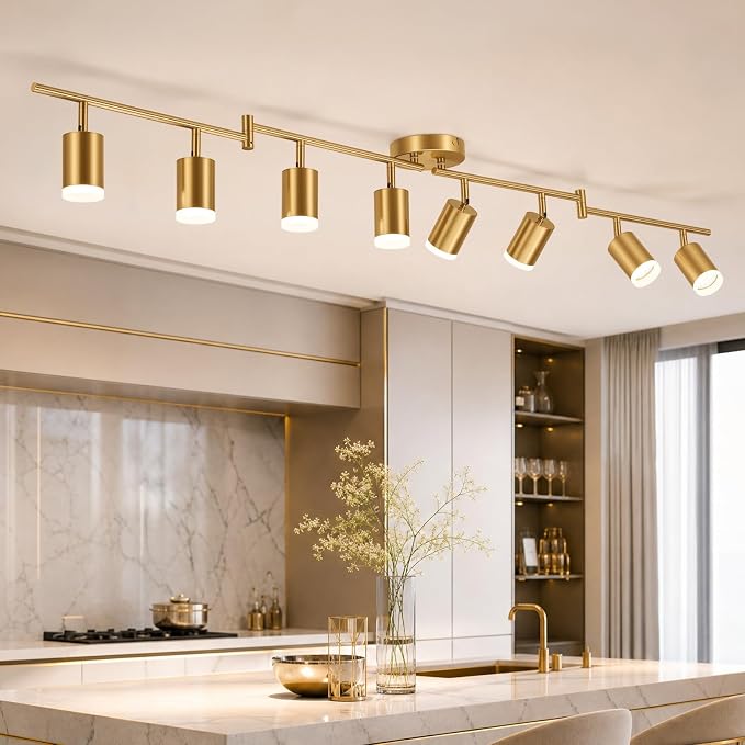 Bojim Gold 8 Light Kitchen Track Lighting Fixtures Ceiling LED Spotlight | Modern Ceiling Light with Acrylic Ring, Flexible Spotlight for Dining Living Bedroom, GU10 Base, Bulbs Not Included