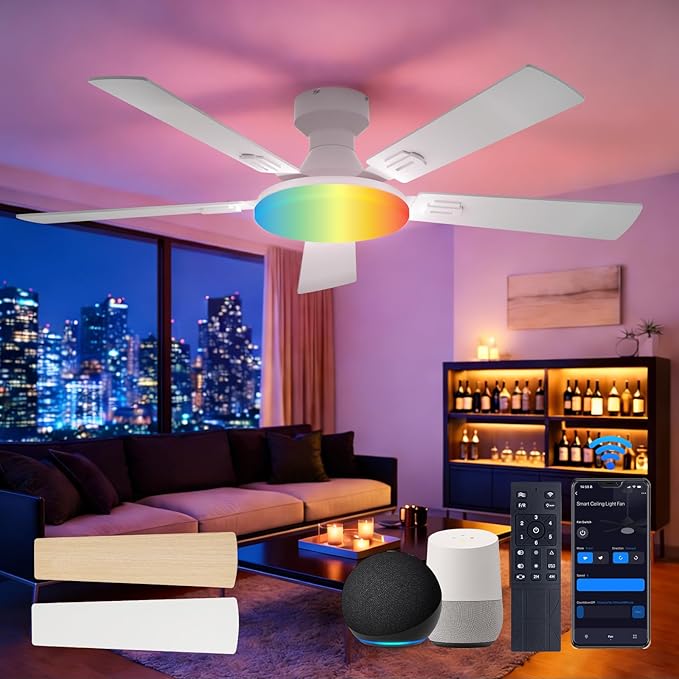 Amico Ceiling Fans with Lights, 52'' Smart RGB Ceiling Fan with Remote/APP/Alexa Control, Flush Mount, Reversible DC Motor, 5 Blades, 6 Speeds, 3CCT, Dimmable, Noiseless, Bedroom, Living Room, White