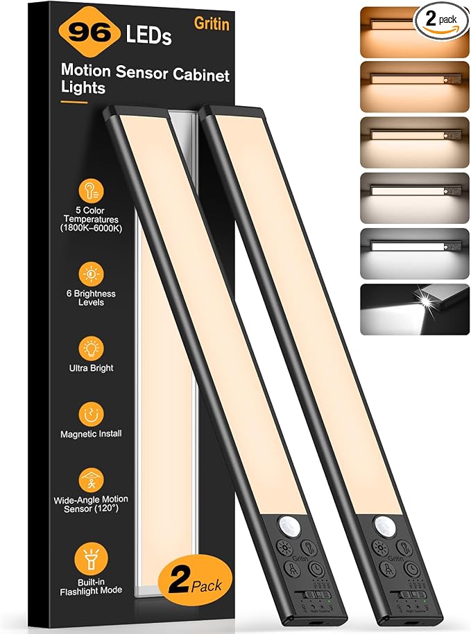 Gritin 2026 Gen 2 12.7inch Under Cabinet Lighting with Flashlight Mode | 5 Colors & 6 Brightness,Super Bright,4 Modes,Motion Sensor,Long Lasting,Easy Installation Under Closet Lights-2 Pack-Black