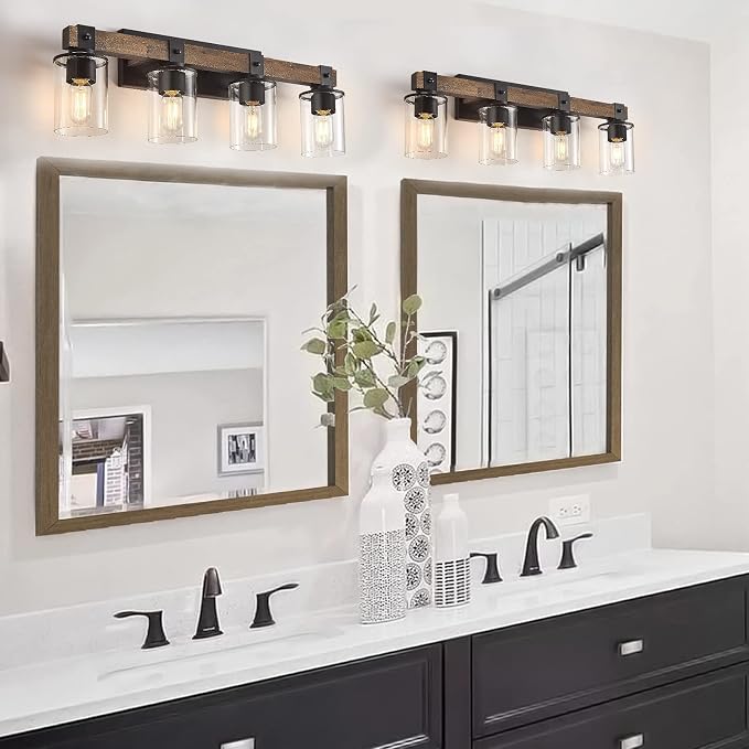 DUJAHMLAND Farmhouse Vanity Light Fixture, Industrial 4-Light Wood Wall Sconce Bathroom Vanity Lighting with Clear Glass Lights Shade,for Hallway,Kitchen,Bedroom(Antique Wood, 4-Light)