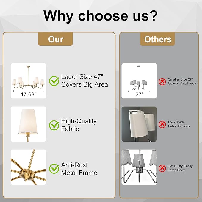 47'' Brushed Gold Chandelier with Shades, 6-Light Modern Chandelier for Living Room, Large Dining Room Light Fixture, Brass Large Classic Pendant Light Fixture for Kitchen Height Adjustable E12 Base