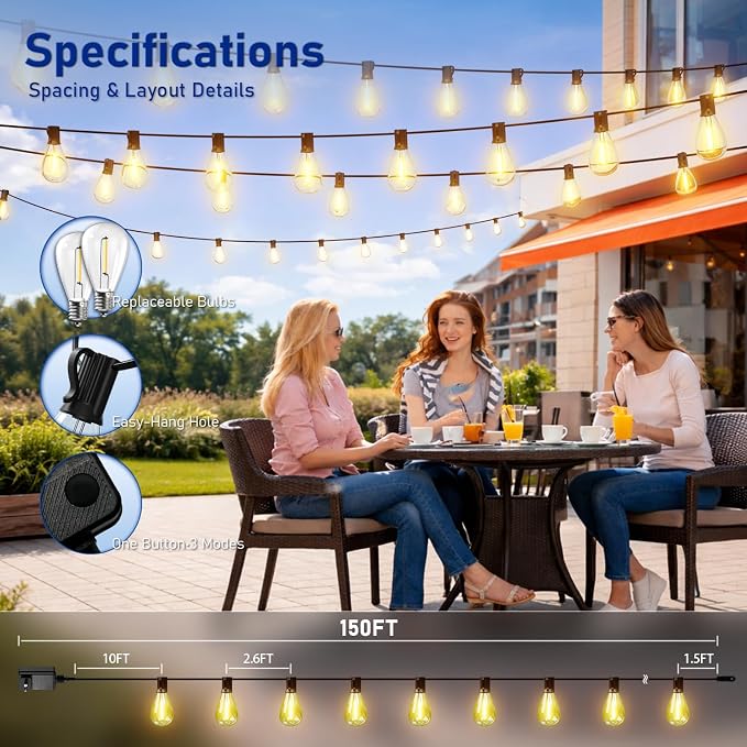 150FT Outdoor String Lights with Remote & Dimmable, 55+2 Shatterproof Waterproof Bulbs, Dimmable Outside Hanging Patio Lights for Backyard, Porch, Deck, Garden 2700K Warm White