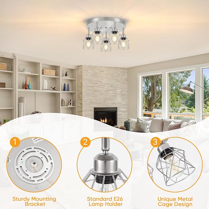 Baocuz 5-Light Kitchen Light Fixtures, Silver Adjustable Semi Flush Mount Ceiling Light with E26 Base, Multi-Directional Track Ceiling Lighting for Hallway, Dining Room, Entryway