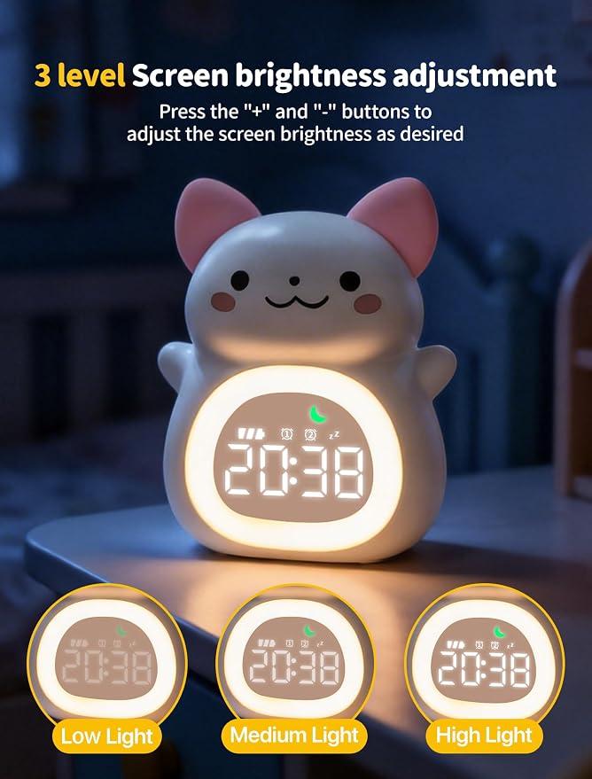 MASHI Cat Kids Alarm Clock with Time to Wake Sleep Trainer White Noise | Sun & moon wake cues, 7-color night light,Snooze， dual alarms and 6 soothing sounds help kids build healthy sleep habits