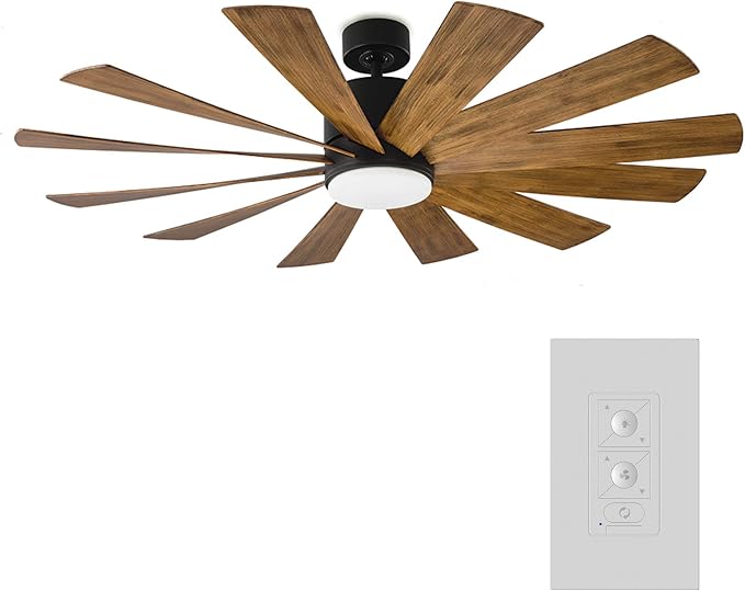 Windflower Smart Indoor and Outdoor 12-Blade Ceiling Fan 60in Matte Black Distressed Koa with 2700K LED Light Kit and Wall Control Works with Alexa and iOS or Android App
