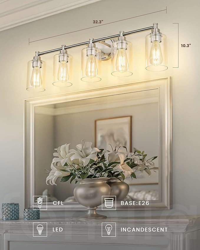 FEMILA 32" Bathroom Vanity Light, Brushed Nickel Bathroom Lights Over Mirror, 5 Light Vanity Wall Light Fixtures, 4FYC56B-5W BN