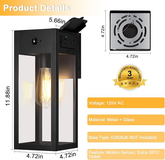 Porch Lights with GFCI Outlet, Motion Sensor Outdoor Lights | Dusk to Dawn, Anti-Rust, Waterproof, Tempered Glass, Easy Installation, E26 Socket, Exterior Lighting for Patio Garage, Black
