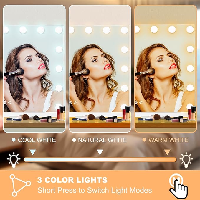 Moonee Vanity Mirror with Lights, Hollywood Lighted Makeup Mirror with 15 Dimmable Bulbs and 10X Magnification, 3 Colors Modes, Light Up Mirror, Perfect Valentine's Day Gift for Her（23" x 18"）