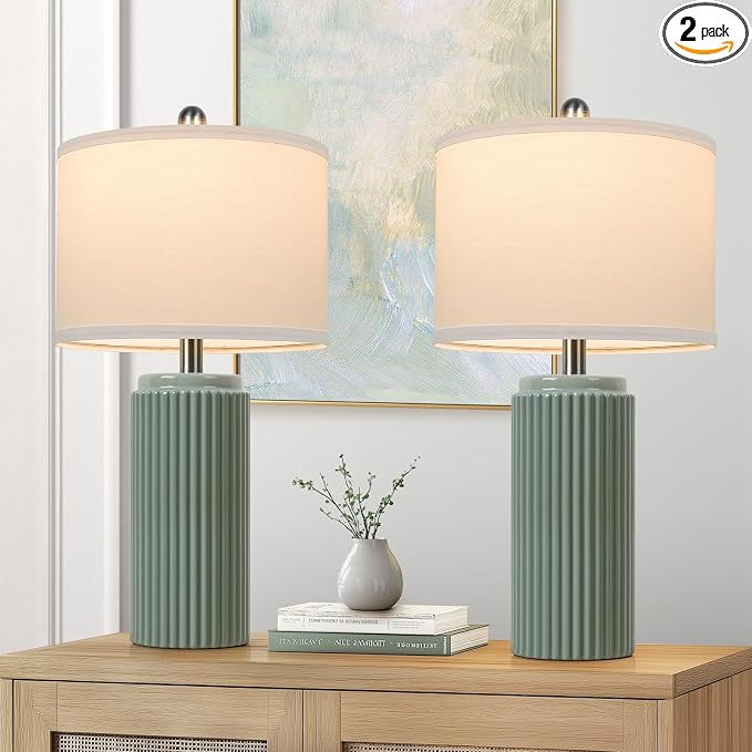 23.5" Green Ceramic Table Lamps Set of 2, Modern Nightstand Lamps | Bedside Table Lamps with White Linen Shade, Ideal Size, Farmhouse Home Decor for Living Room Bedroom Office End Table Dorm