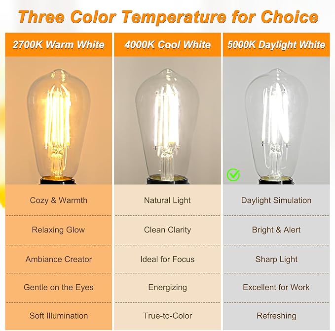 Ascher Vintage LED Edison Bulbs, 6W, Equivalent 60W, Non-Dimmable, Daylight 5000K, 700Lumens, ST58 Antique LED Filament Bulbs with 80+ CRI, E26 Medium Base, Clear Glass, Pack of 12