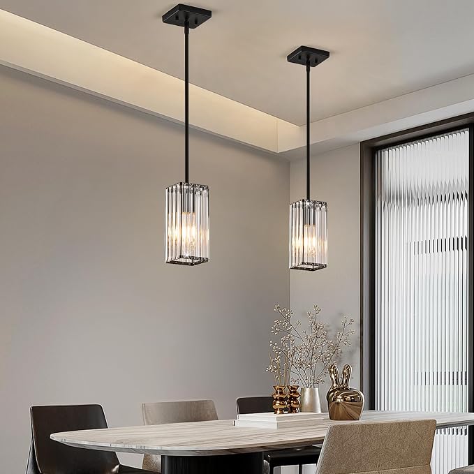 Modern Crystal Pendant Lights Kitchen Island, 1-Light Black Hanging Light with Clear Crystal Shade, Adjustable Height Pendant Lighting for Kitchen Island Dining Room Bedroom Bar Entryway