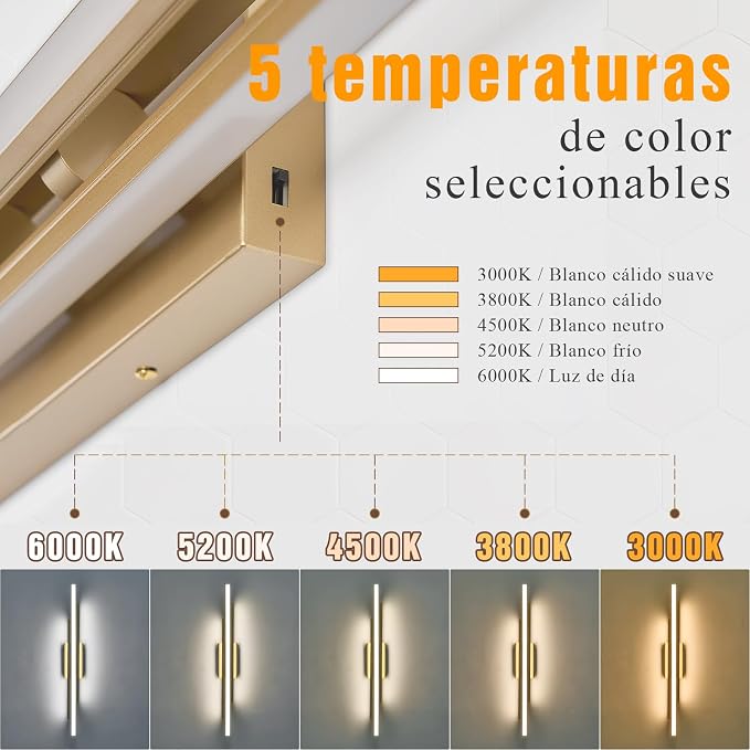 VitaLink Modern Gold Vanity Light Bathroom Wall Light Fixtures Over Mirror 35 Inch Long Dimmable 3-Light LED Bathroom Wall Lighting 5CCT(3000K/3800K/4500K/5200K/6000K)