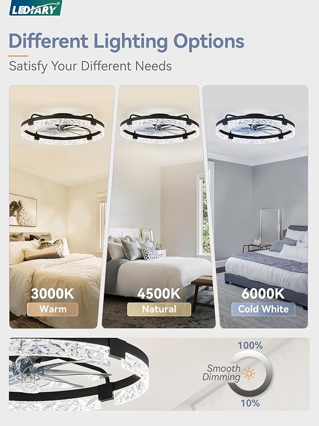 LEDIARY 2 Pack 24 Inch Low Profile Ceiling Fans with Lights and Remote, Fandelier Modern Ceiling Fan, 3000K-6000K Dimmable LED Fan Light, Black Flush Mount Ceiling Fans with Lights for Bedroom