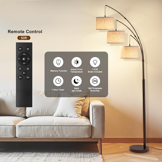 3 Light Arc Floor Lamps for Living Room, 2400LM Super Bright Floor Lamp with Remote Control, 80" Tall Floor Lamps with Stepless Dimmable, Mid Century Tree Floor Lamp for Bedroom, Office