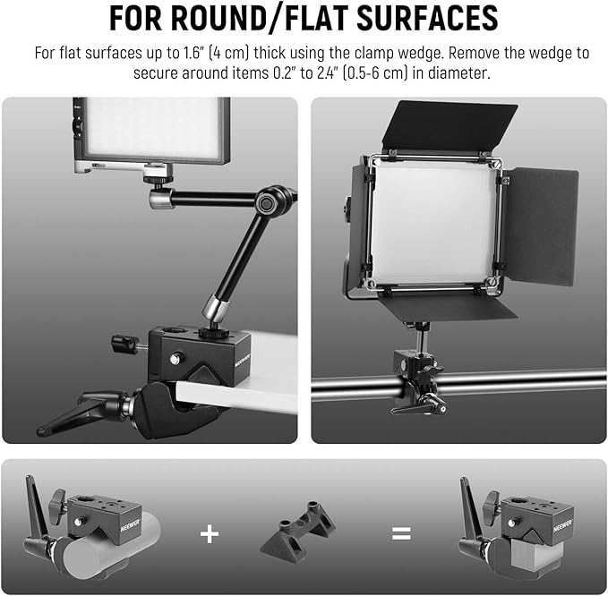 NEEWER 2 Pack Super Clamp with 5/8" Stud, Spring Lock, 2.4" Jaw Grip Heavy Duty Crab Pole Clamp for Round Pipe Flat Surface, for Photography Studio Camera Lighting Mounting, Max Load 33lb/15kg, UA017