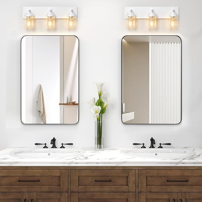 IZORRO Bathroom Vanity Light Fixture, 3-Light 22 Inch White Bathroom Light Fixtures Over Mirror, with Clear Glass Shade, Modern Farmhouse Vanity Lights, Rustic Restroom Lighting Fixtures