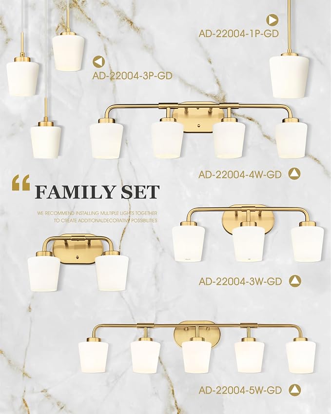 Bathroom Light Fixtures Over Mirror, 5-Light Brushed Gold Vanity Lighting Fixtures with Milk White Glass, 38inch Farmhouse Champagne Bronze Wall Sconces Lighting, AD-22004-5W-GD