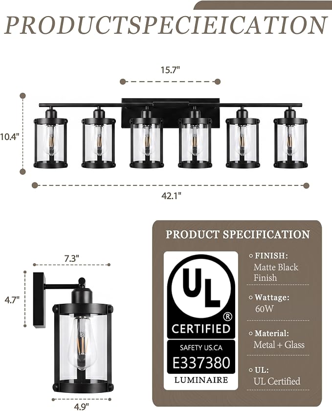 6-Light Matte Black Bathroom Light Fixtures Over Mirror with Clear Glass and Metal Cage Shade, 42" UL-Listed Modern Farmhouse Wall Sconce for Bath, Hardwire E26, OS-3014BK-6W
