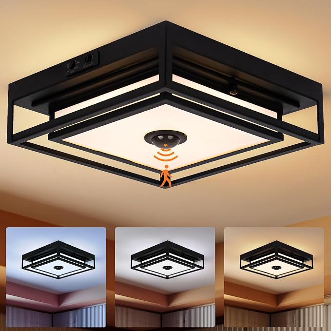 Motion Sensor Outdoor Ceiling Light LED Flush Mount Porch Ceiling Lights | 10.5" Square Dusk to Dawn Exterior Light Fixture, Modern Black Front Porch Ceiling Light, Patio Ceiling Lights Waterproof