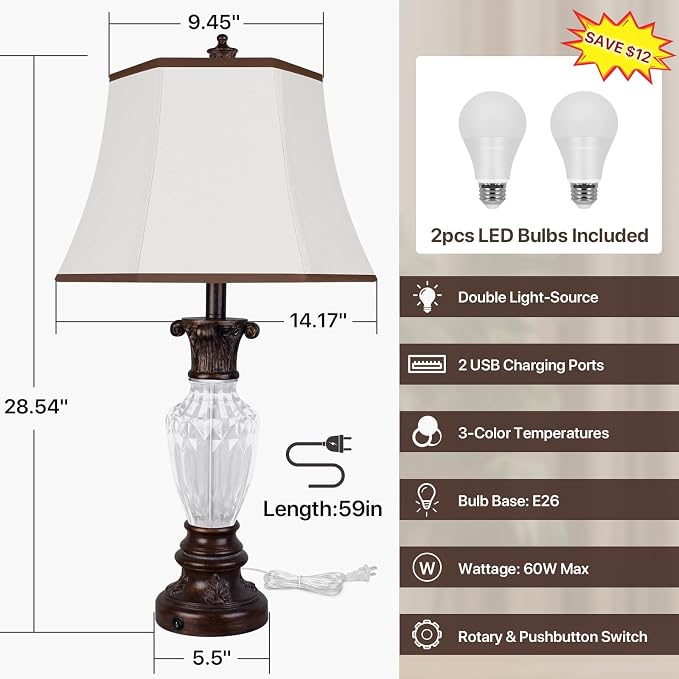 28.5" Table Lamps Set of 2, Vintage Glass Nightstand Lamps with USB Ports | Farmhouse Lamps for Living Room Bedroom, 3-Color Temperatures Bedside Lamp, Resin Brown Lamp with Nightlight, Bulbs Included
