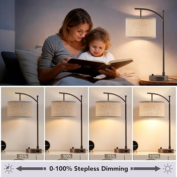 Table Lamp for Living Room Bedroom, 23.5" Table Lamps Set of 2 with USB C+A Ports, Bedside Lamps for Nightstand with Linen Lamp Shades, 2 Dimmable LED Bulbs Included, Brown