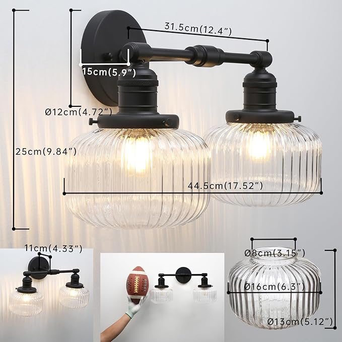 2-Lights Industrial Glass Wall Sconces, Antique Brass Clear Striped Globe Shade Wall Light Fixture for Bathroom Vanity, Bedroom, Dining Room, Living Room, Farmhouse, Stairs