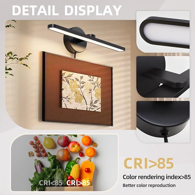 16" Plug in Bathroom Light Fixtures,Vanity Lights Bar,Picture Light | Modern Black,Non-Dimmable,3000K,with Switch,Indoor,Piano lamp,LED,Over Mirror,Wall Lights,for Bedroom/Art/Poster/Cabinet