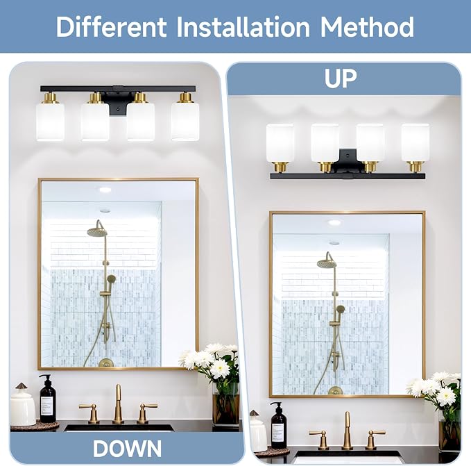4-Light Vanity Light for Bathroom,Black and Gold Bathroom Light 24" | Bathroom Light Fixture with Square Frosted Glass, Wall Sconces fixtures Over Mirror Sink Restroom,Living Room Hallway