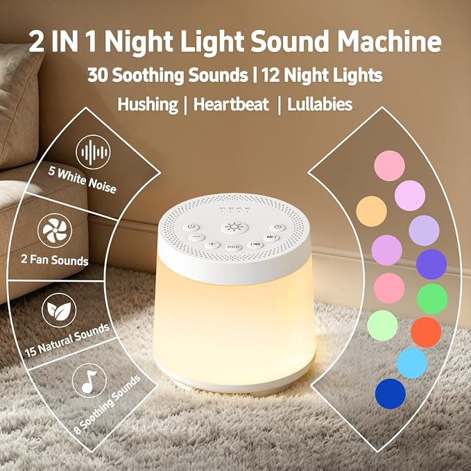 Rechargeable Nursery Night Light Sound White Noise Machine for Baby Kids Adults with Hushing Sounds 30 Sleeping Sounds 12 Colors Night Light 4 Timers Memory Function for Home Breastfeeding Camping