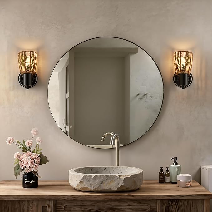 EJIAXIN Boho Rattan Wall Sconces Set of 2 - Vanity Lights for Bathroom Farmhouse Wall Light Fixtures with Rotary Switch - Black Indoor Wall Mount Lighting Rustic Lamp for Bedroom Living Room Hallway