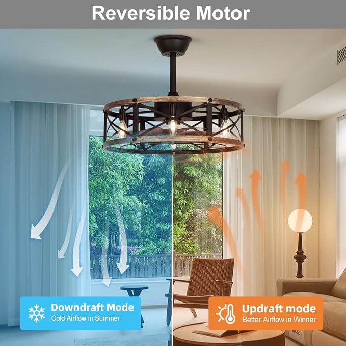 SHLUCE 22 Inch Farmhouse Fandelier Ceiling Fan with Light, ETL Listed | Remote Controlled, Rustic Caged Design, Quiet Operation, Energy Efficient, Indoor Ceiling Fan for Kitchen & Living Room Use