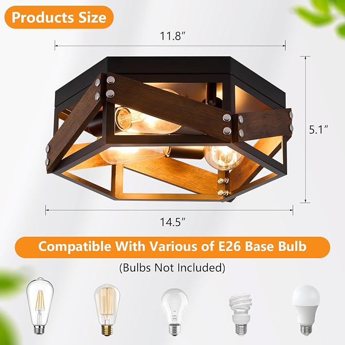 XSDeTu Farmhouse Flush Mount Ceiling Light, 3-Light Hallway Lights with Metal and Wood, Industrial Kitchen Light Fixtures Ceiling Mount, Rustic Black Chandelier for Bedroom Living Room Bathroom