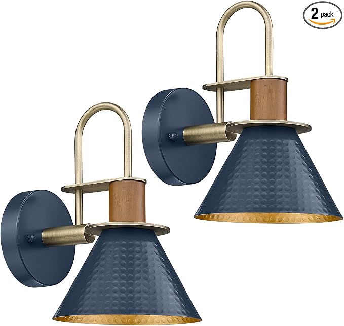 Industrial Wall Sconces Set of Two, HWH Indoor Wall Sconce 1-Light Barn Vanity Light, Hammered Wall Lamp for Bathroom Bedroom Bedside Kitchen, Hammered Metal Shade, Navy Blue Finish, 5HZG74B-2 BL+BG