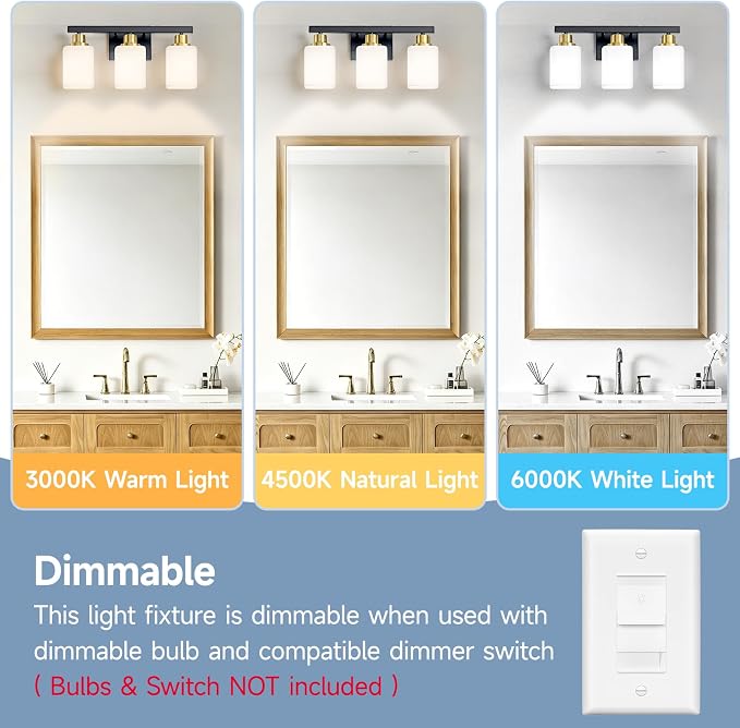 Black and Gold Vanity Light,3-Light Bathroom Light Fixtures,17" | Modern Bathroom Light Fixtures with Square Frosted Glass,Wall Sconces Lighting fixtures Over Mirror Restroom, Living Room
