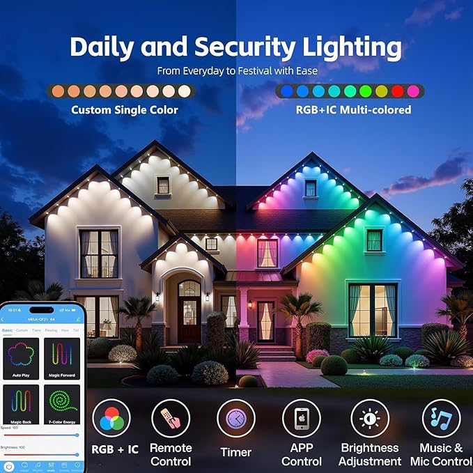 Permanent Outdoor Lights,50ft RGB + IC Smart LED Eaves Lights with App & Remote Control, IP67 Waterproof,for Christmas and All Holiday Decor,Daily and Accent Lighting,House Roof and Garden Lighting