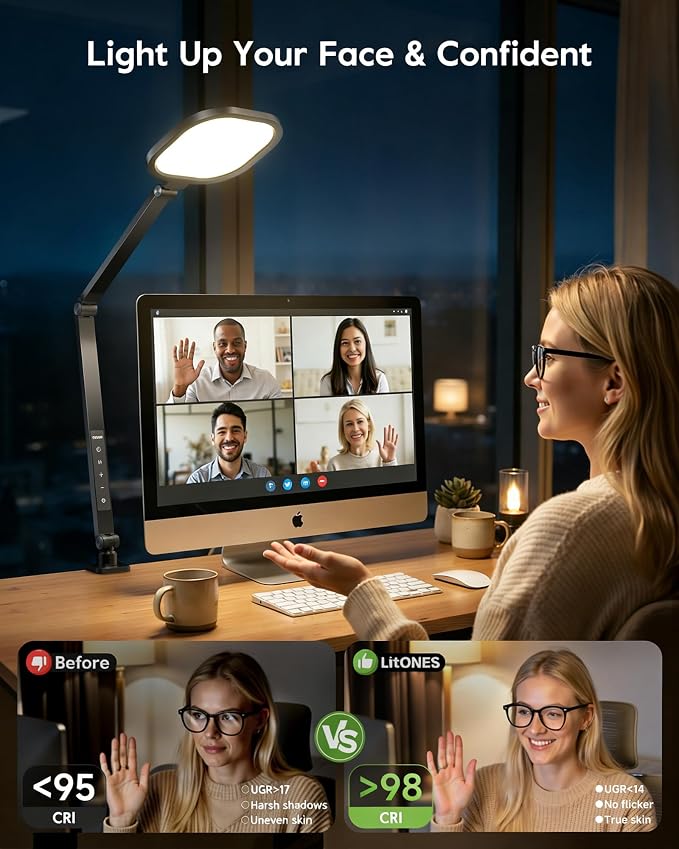 LED Desk Lamp for Home Office with Clamp, Remote, 30 Modes | Eye-Care, Pro Lighting for Zoom Meeting, Video Streaming, Recording, Flexible Arm, Memory, 2000LM, CRI 97.8