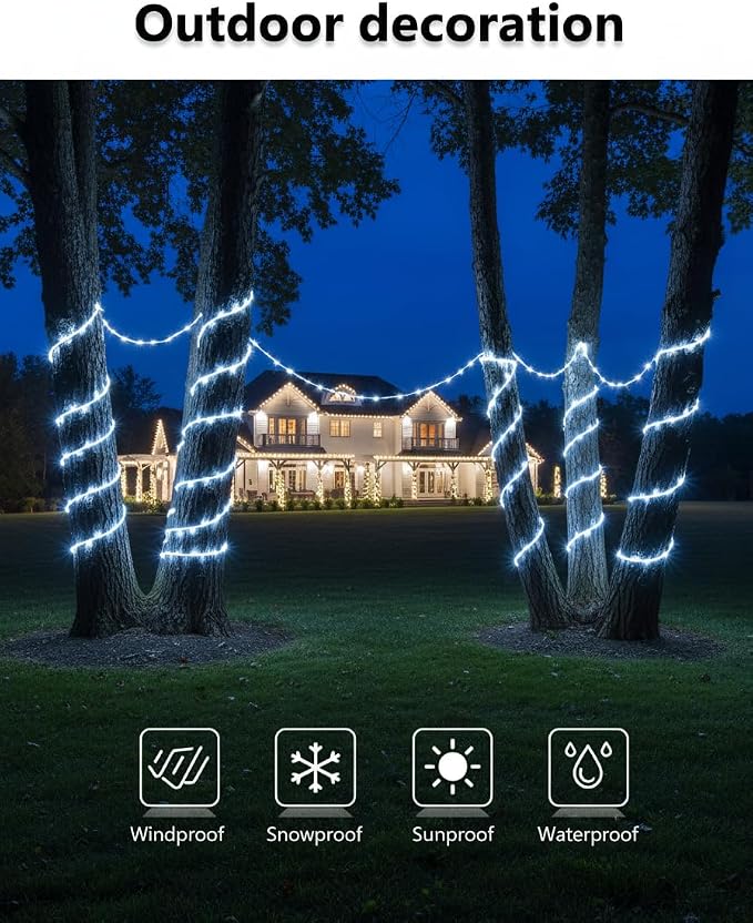 Solar Rope Lights, 33FT 100LED String Lights Outdoor, 8 Lighting Modes Solar Powered Rope Lights for New Year Easter Party Holiday Tree Decoration, White
