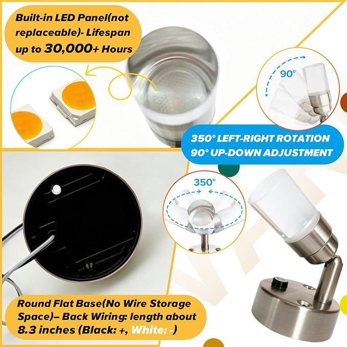 RV Reading Lights 12v Interior RV Light With USB Port Camper Sconce Led Lighting with USB-A Charger for Bedside 2W 100LM 12 Volt Led Light Blue Warm White 3000K Lighting Fixture Brushed Nickel, 2-Pack