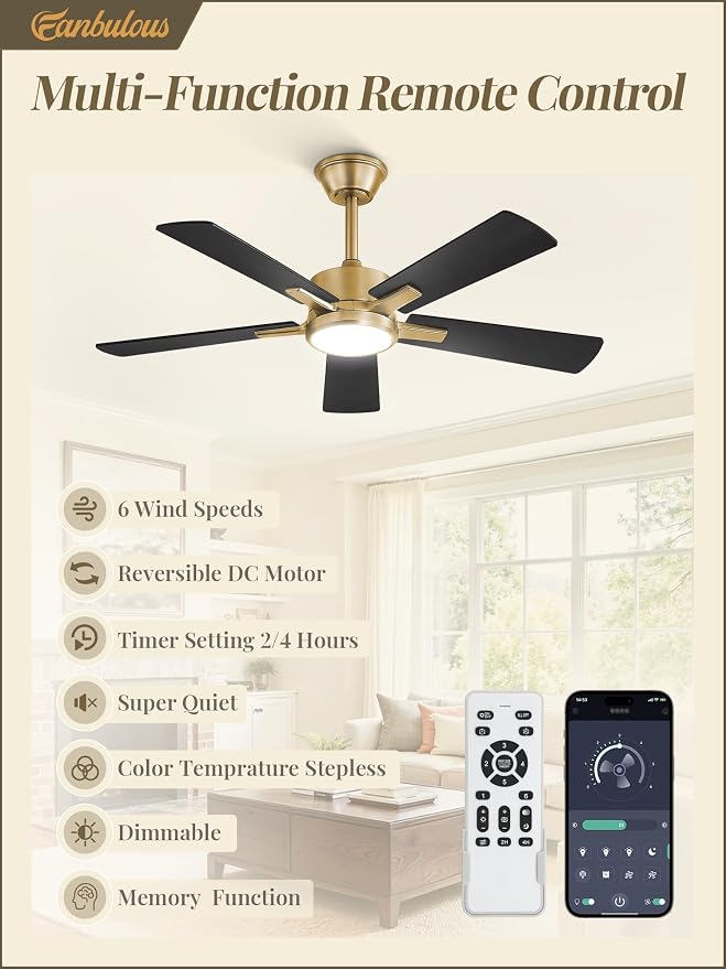 Fanbulous 42 Inch Black and Gold Ceiling Fan with Light, Remote & APP | Stepless CCT & Dimmable Light, 20W LED Ceiling Fan, 6 Speeds, Reversible Quiet DC Motor, for Bedroom, Living Room, Apartment
