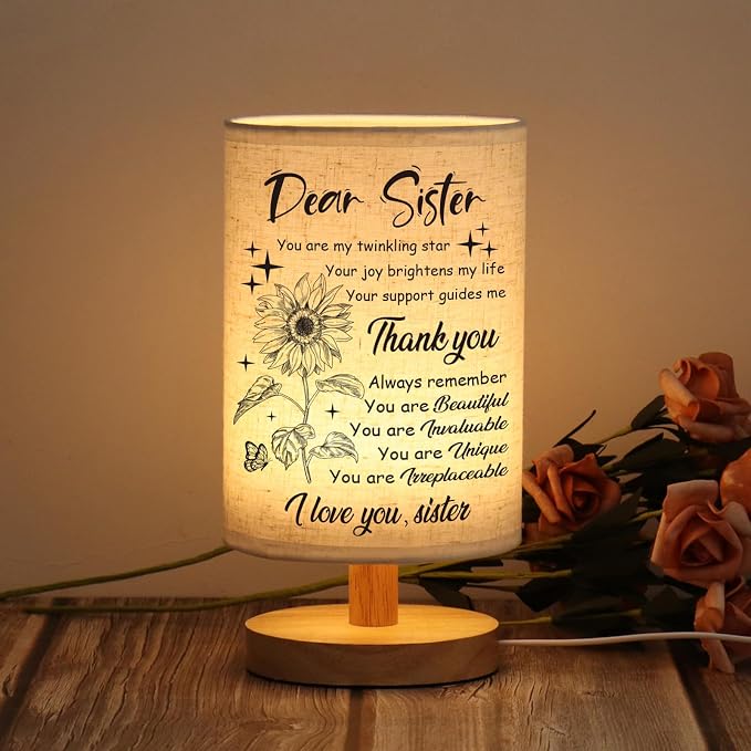 WSYEAR Sister Gifts for Women, Christmas Birthday Gifts for Sister,Table Lamp with Wooden Stand Anniversary Wedding Present for Girls