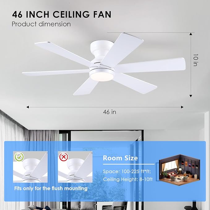 Asyko 46"White 6-Blade Modern Low Profile Ceiling Fan with Light and Remote | 6 Double-Sided Blades,6 Wind Speeds, Reversible,Dimmable 3 CCT LED Light, 25W Quiet DC Motor,1/2H Timer,for Bedroom Kitchen