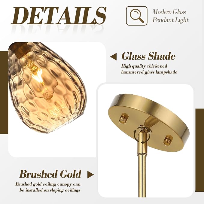 Glass Pendant Lights Kitchen Island, 1-Light Modern Brushed Gold Pendant Light Fixtures with Hammered Amber Glass and Rods, Small Hanging Light for Kitchen Sink Dining Room Bathroom