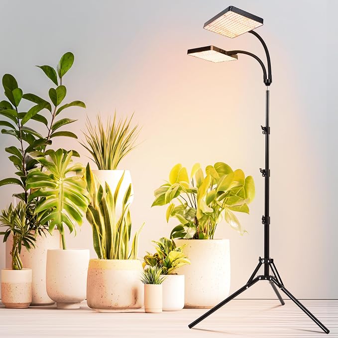 2026 2Head Grow Light with Stand, 50 Watt Power Draw, Big Coverage and Bright Enough for Indoor Large and Tall Plants, Bonsai Tree, 40"-64" Height Adjustable